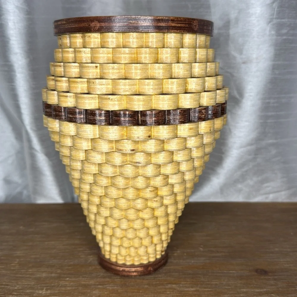 Handcrafted 9” Wooden Tornado Basket Vase Scalloped 2012 Signed Glazed